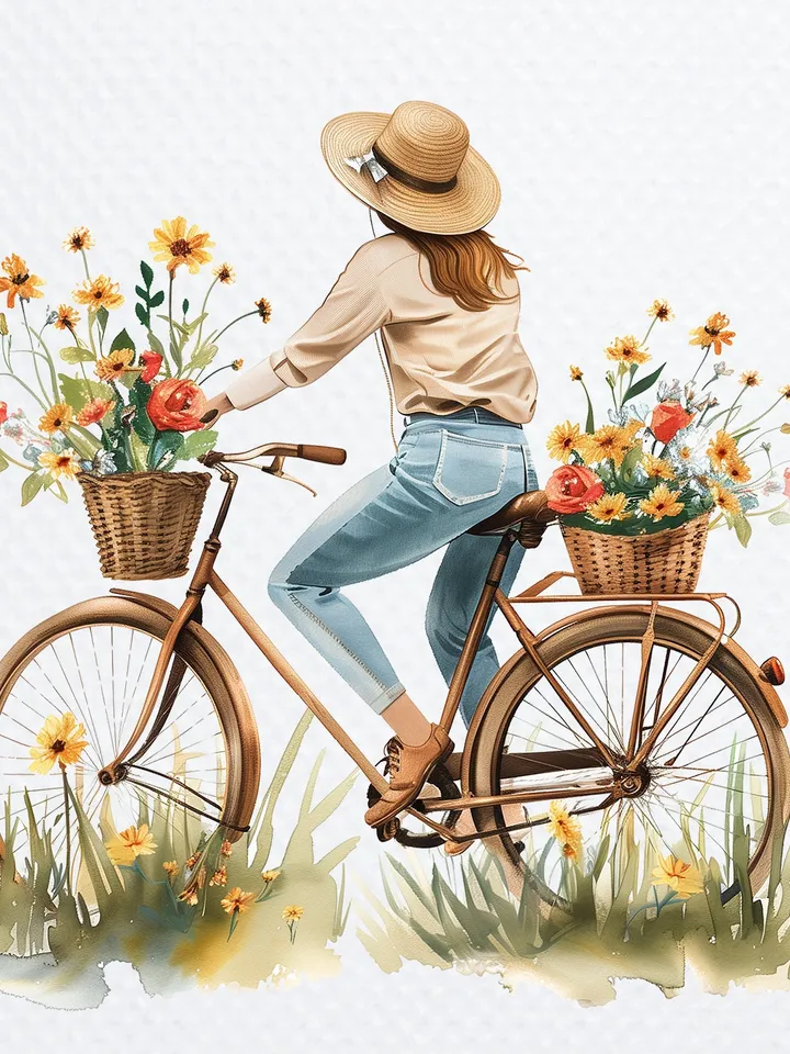 12 PNG Woman on Bicycle Clipart Bundle, Printable Watercolor Floral Bicycle images for sublimation, Digital Paper craft, junk journals