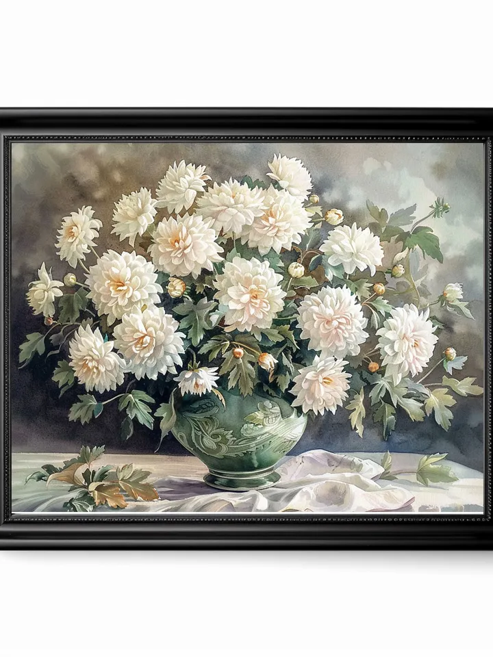 Bouquet of white chrysanthemum in a vase watercolor drawing, digital illustration, digital painting , wall art decoration. AI
