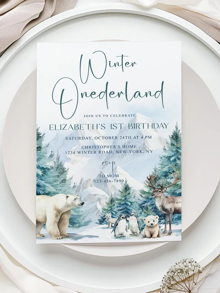 Winter Onederland 1st Birthday Invitation, Snow Woodland 1st Birthday Invite, Winter Onederland, Printable 1st Birthday Invitation - I132
