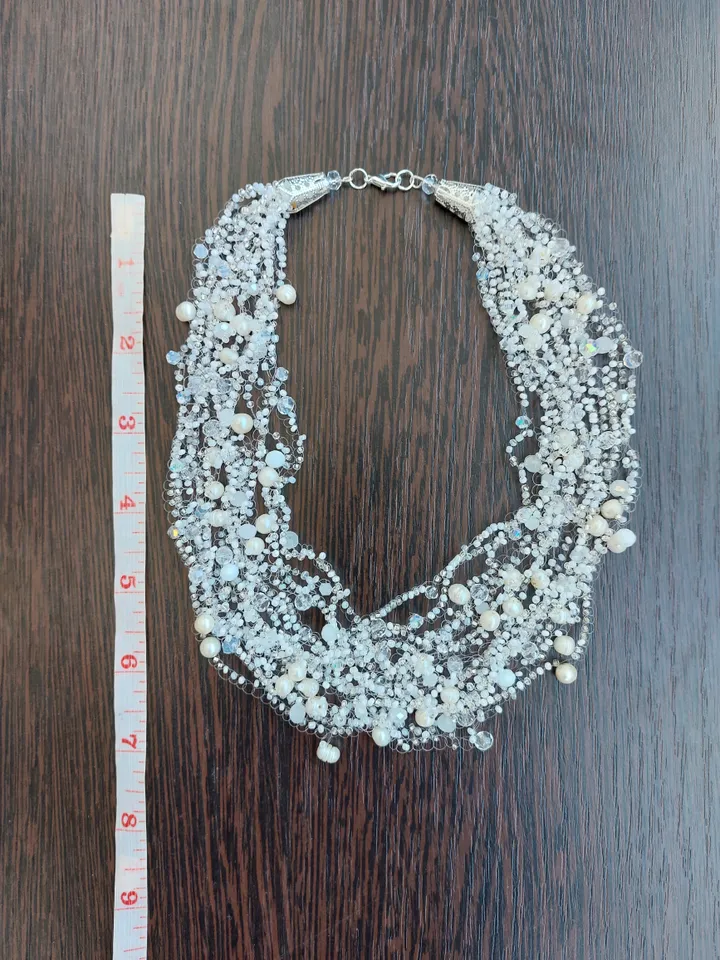 White small delicate airy layered beaded necklace with pearls