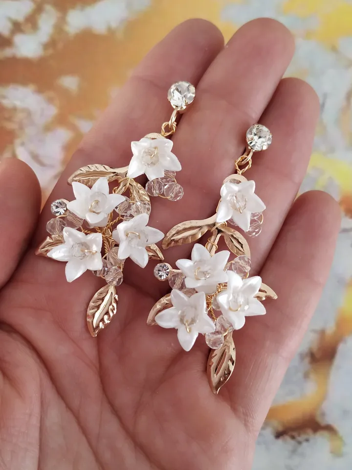 Porcelain Flower Wedding Earrings , Gold Floral Bridal Earrings, Gold Chandelier Statement Earrings For Bride, Bridesmaid Gift, Jewelry