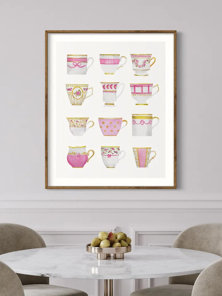 Pink Tea Cups Print, Watercolor Painting, Tea Art, Gift For Tea Lovers, Kitchen Art, Vintage Tea Cup Art, Tea Watercolor, Tea Gift, Cup Art