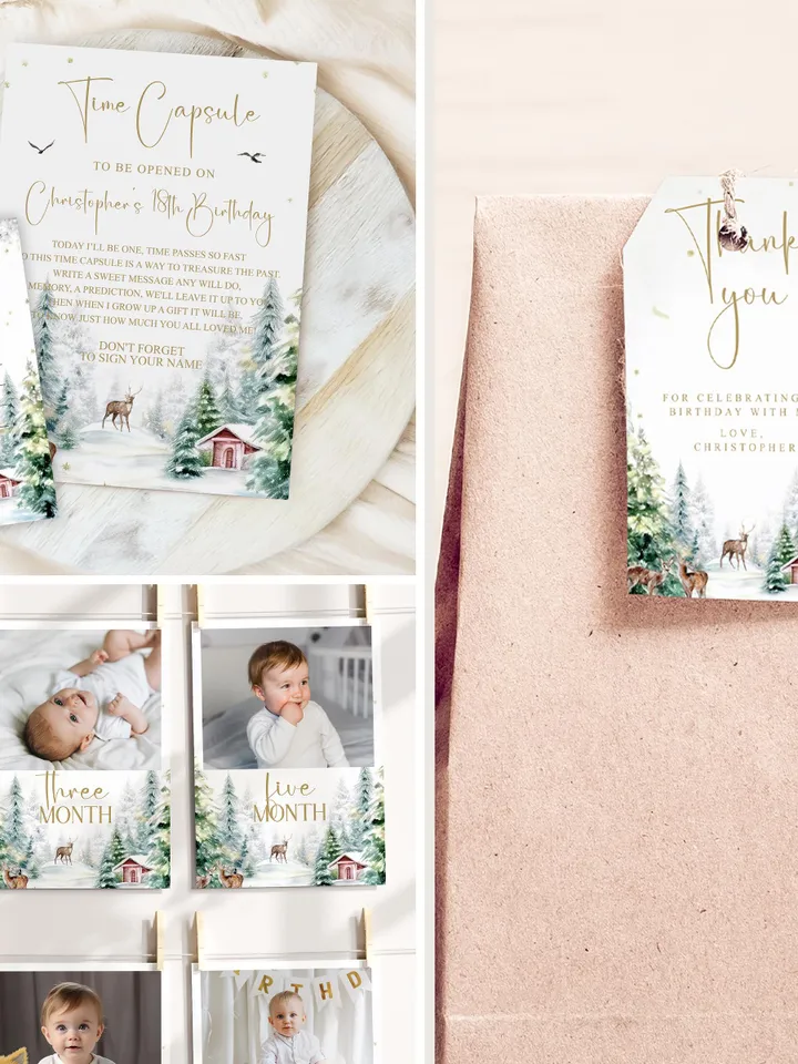 Editable Winter ONEderland Birthday Invitation Bundle, Winter Wonderland First Birthday , Deer, Winter Woodland, Adventure Theme Party i128