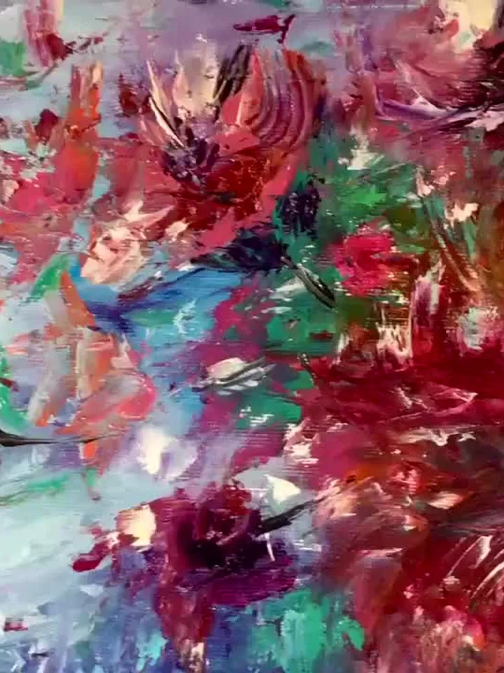 Flowers oil painting,Abstract red flowers on blue background, original oil painting on stretched canvas,handmade unique gift home decor.