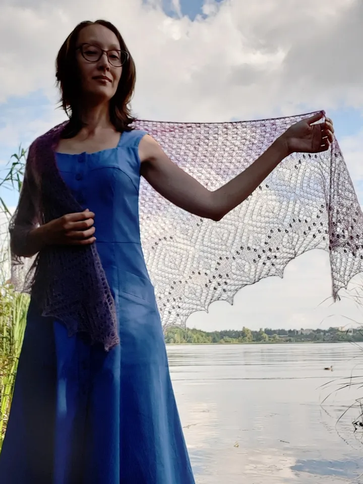 Knitting Pattern for Shawl with Lace and Nupps Stitches