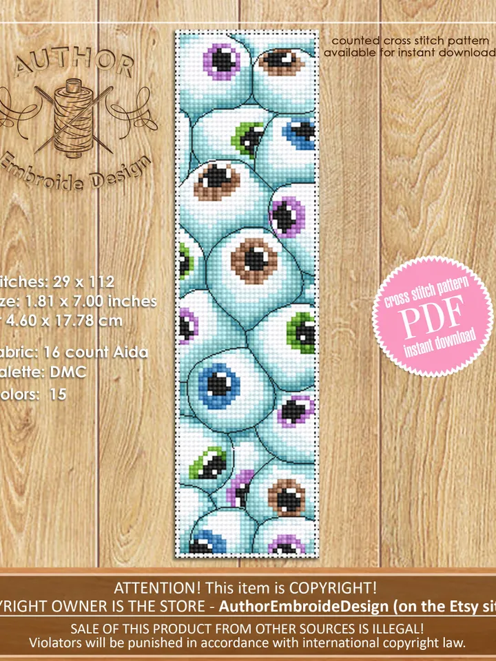 Many eyes bookmark cross stitch pattern PDF download Creepy eyes cross stitch chart, Gothic handmade bookmark pattern digital PDF #B159