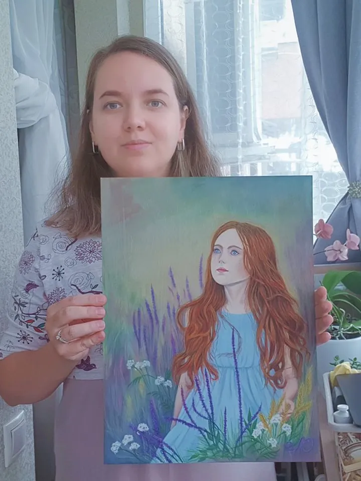 Girl Painting Lavender Original Art Red haired Girl Woman Soft Pastel Painting