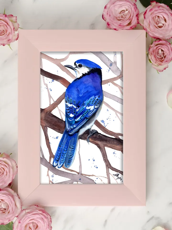 Blue Jay original watercolor, birds painting, wall decor, 7x10 in art for birds lovers by Anne Gorywine