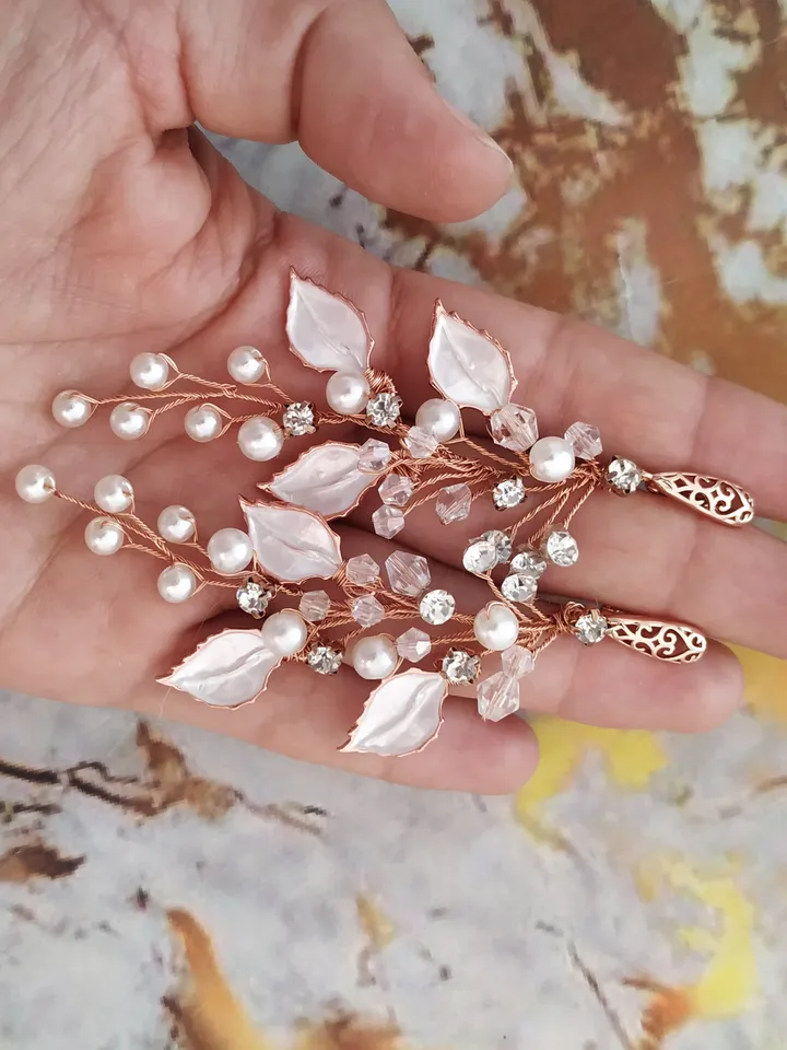 Rose Gold Leaf Floral Bridal Earrings, Chandelier Statement Boho Earrings, Bridal Vine Earrings, Boho Wedding Earrings, Pearl earrings,