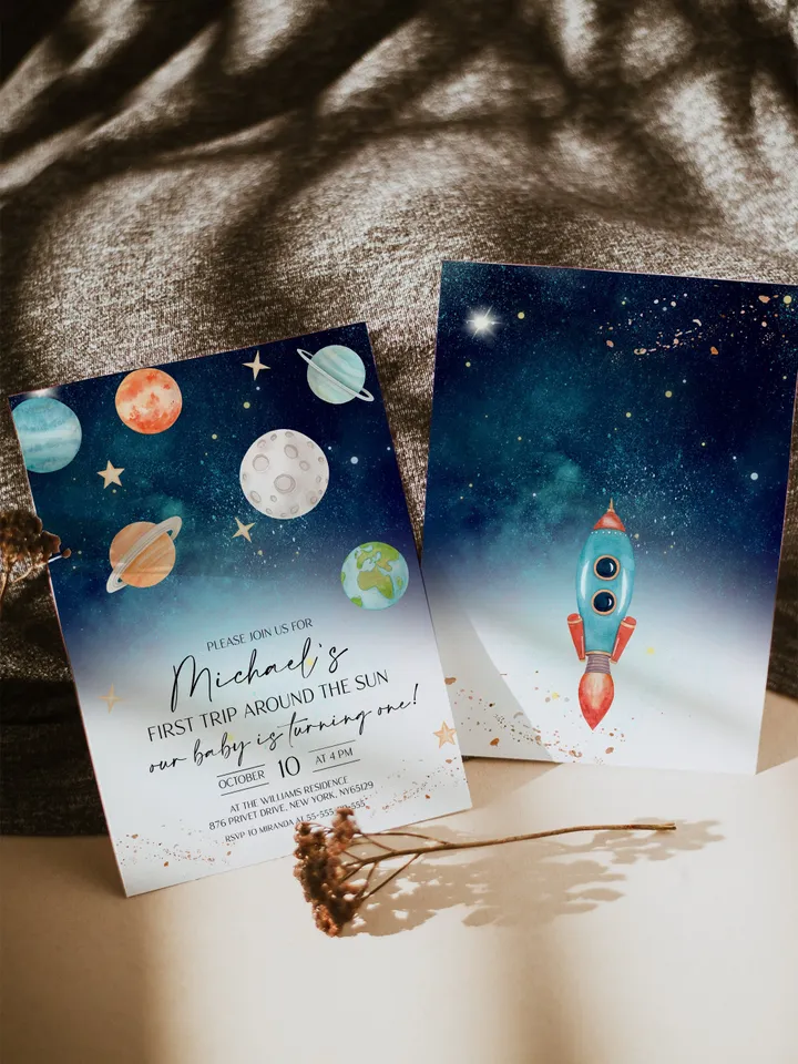 Editable First Trip Around the Sun Galaxy Blast Off Invitation Space Birthday Party Galaxy First Birthday Party Template Outer Space