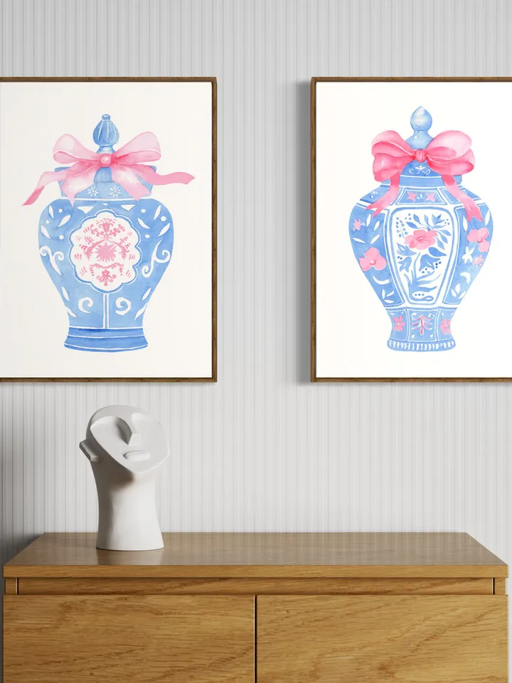 Blue Chinoiserie Vase,Digital Download, Set Of 2, Watercolor Painting With Pink Bow, Pink Ginger Jar, Blue And White Vase