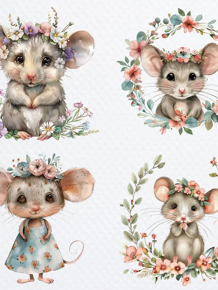 21 Boho Mouse PNG Bundle, Cute cartoon Mous, Watercolor clipart for sublimation, High Quality scrapbook images, Paper craft, junk journal