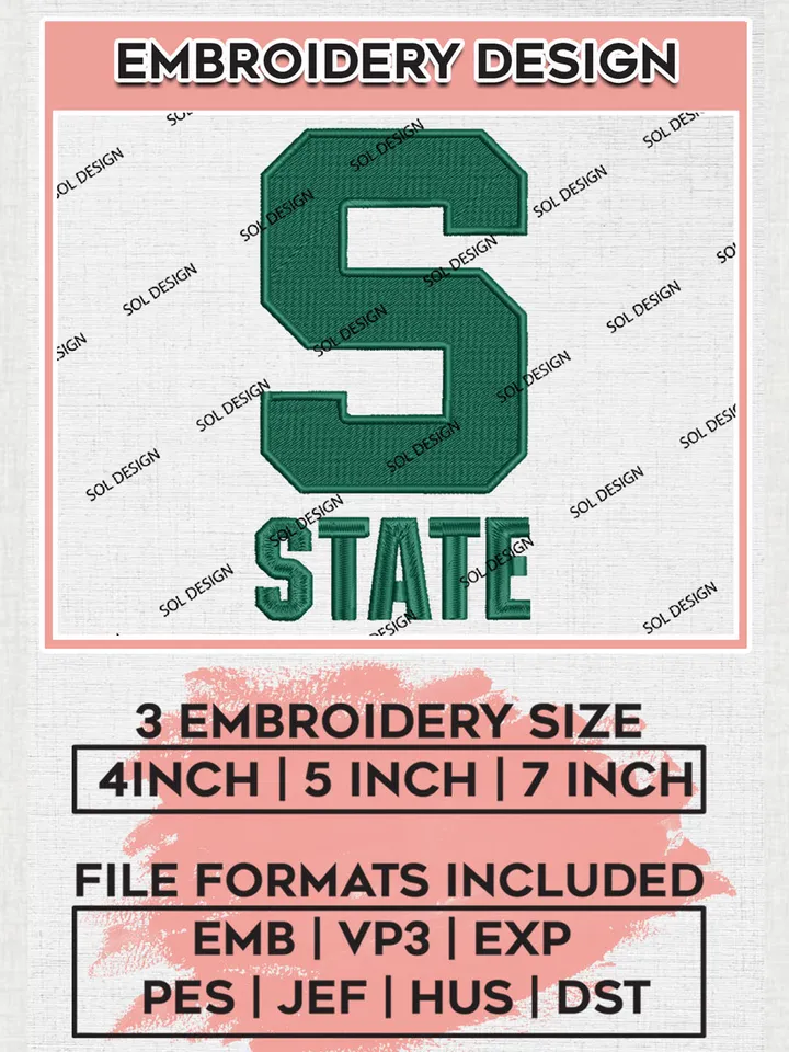 NCAA Michigan State Spartans Team Letter Logo Embroidery Design Files, NCAA Michigan State Spartans Machine Embroidery, NCAA Teams, 3 sizes, NCAA Machine embroidery designs, Digital Download