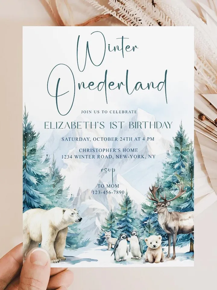 Winter Onederland 1st Birthday Invitation, Snow Woodland 1st Birthday Invite, Winter Onederland, Printable 1st Birthday Invitation - I132