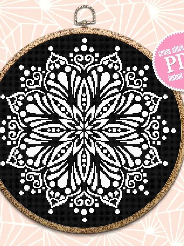 Monochrome mandala cross stitch pattern download PDF Flower mandala digital Modern beginner stitch Floral ornament cross stitch chart #M173