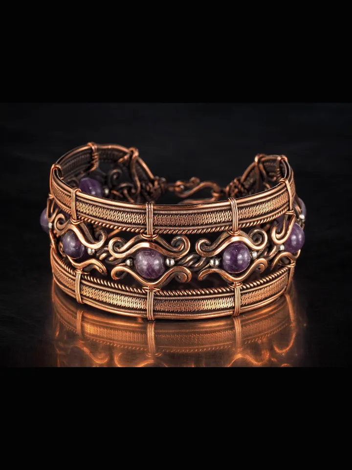 Copper wire wrapped bracelet with amethyst for lady Antique style WireWrapArt