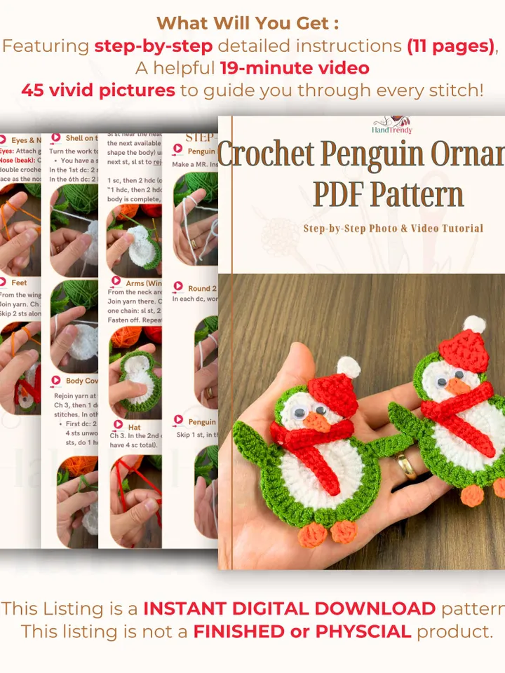 Crochet Penguin Ornament PDF Pattern, DIY Christmas Penguin Decoration, Handmade Festive Penguin Applique, Holiday Crochet Design
