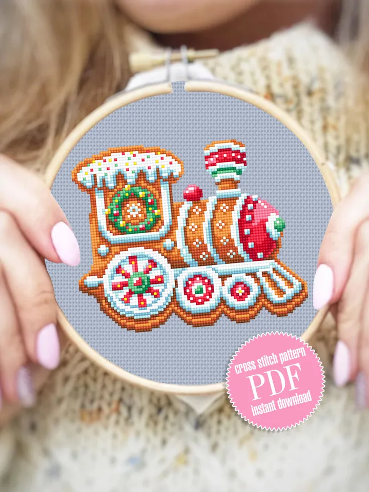 Christmas train cross stitch pattern download PDF Gingerbread cross stitch chart, Christmas pattern digital PDF, Gingerbread decor #N140