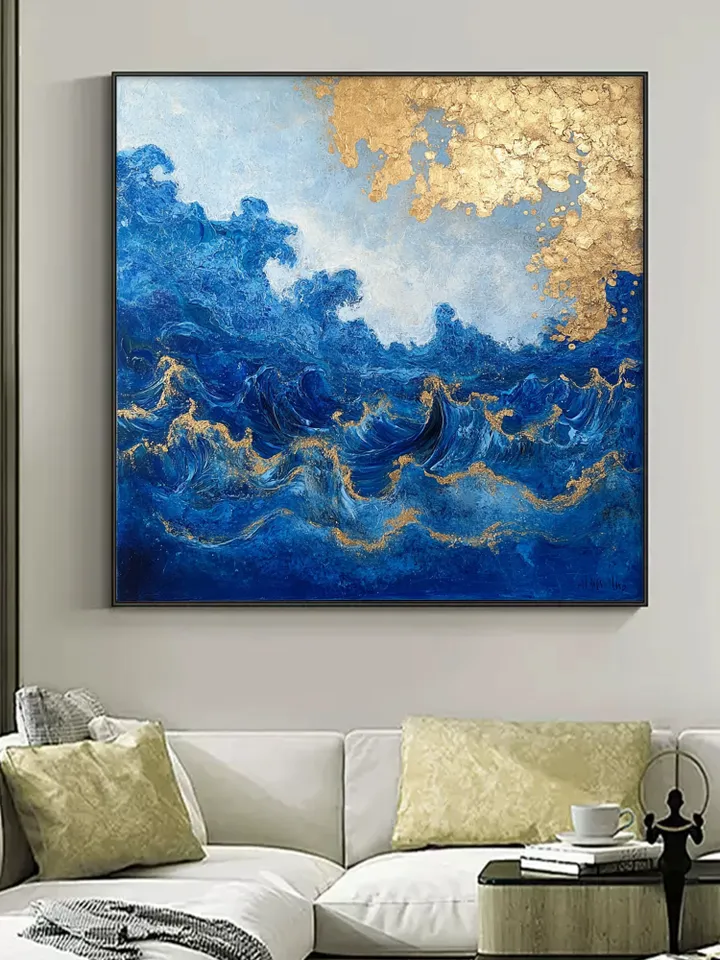 Abstract Gold leaf Oil Painting on Canvas, Original Blue Painting, Large Wall Art, Custom Painting, Living room Office Wall Art, Home Deocr