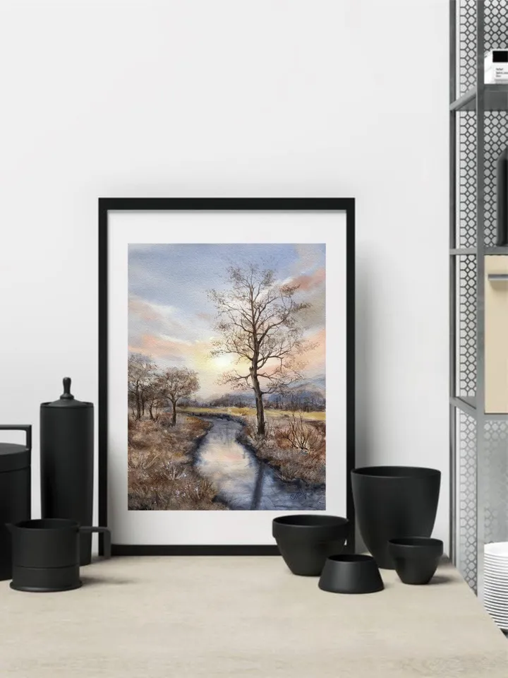 Original Landscape River Watercolor Painting Autumn Wall Art