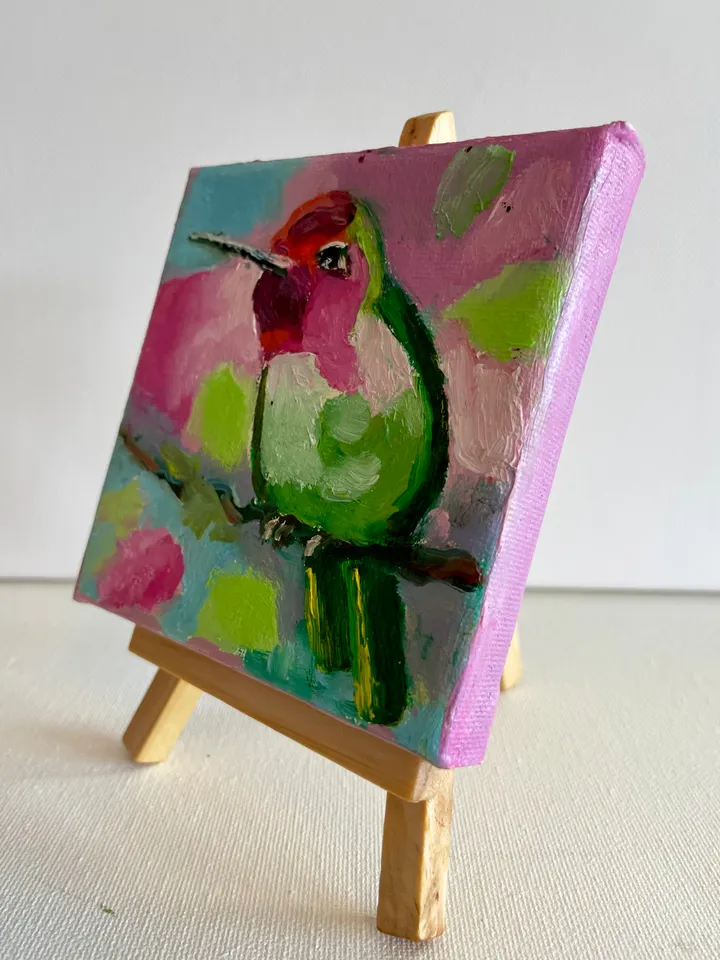 Hummingbird Painting, Bird Original oil Painting on Canvas, Wildlife Art, Miniature Artwork 4"x 4"