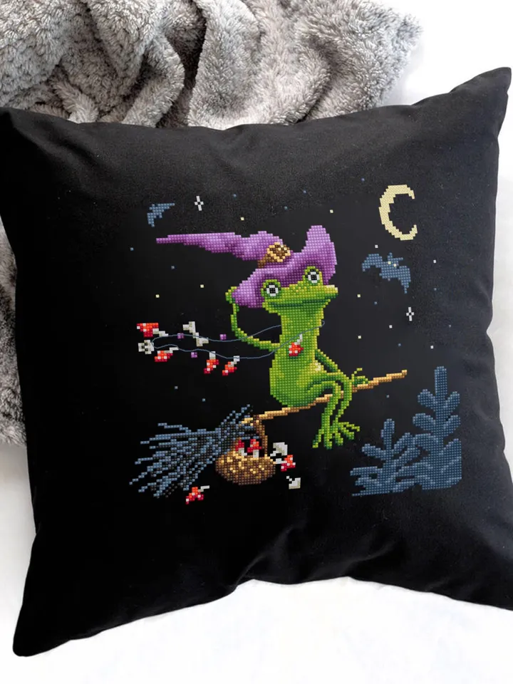 Halloween witch frog cross stitch pattern PDF download Halloween cross stitch chart Cute frog pattern digital PDF Funny frog embroidery #H73