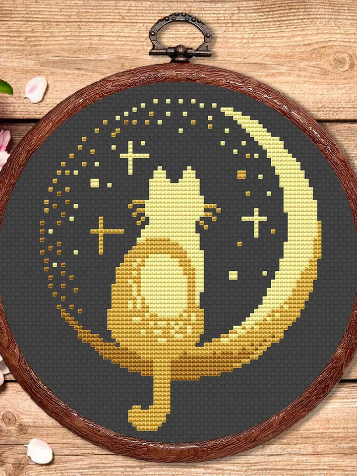 Cat On The Moon Cross Stitch Pattern, Cat Cross Stitch Pattern, Embroidery Cat, Animals Cross Stitch Pattern, Modern Pattern #cat006
