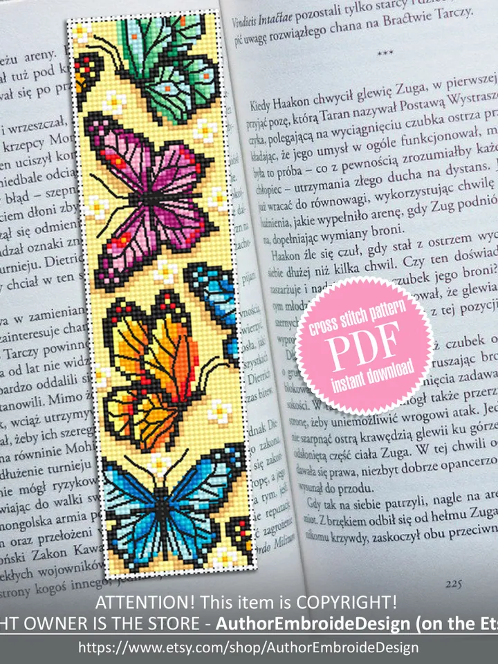 Butterfly bookmark cross stitch pattern PDF download Watercolor butterfly cross stitch chart, Bookmark digital PDF, Butterfly ornament #B158