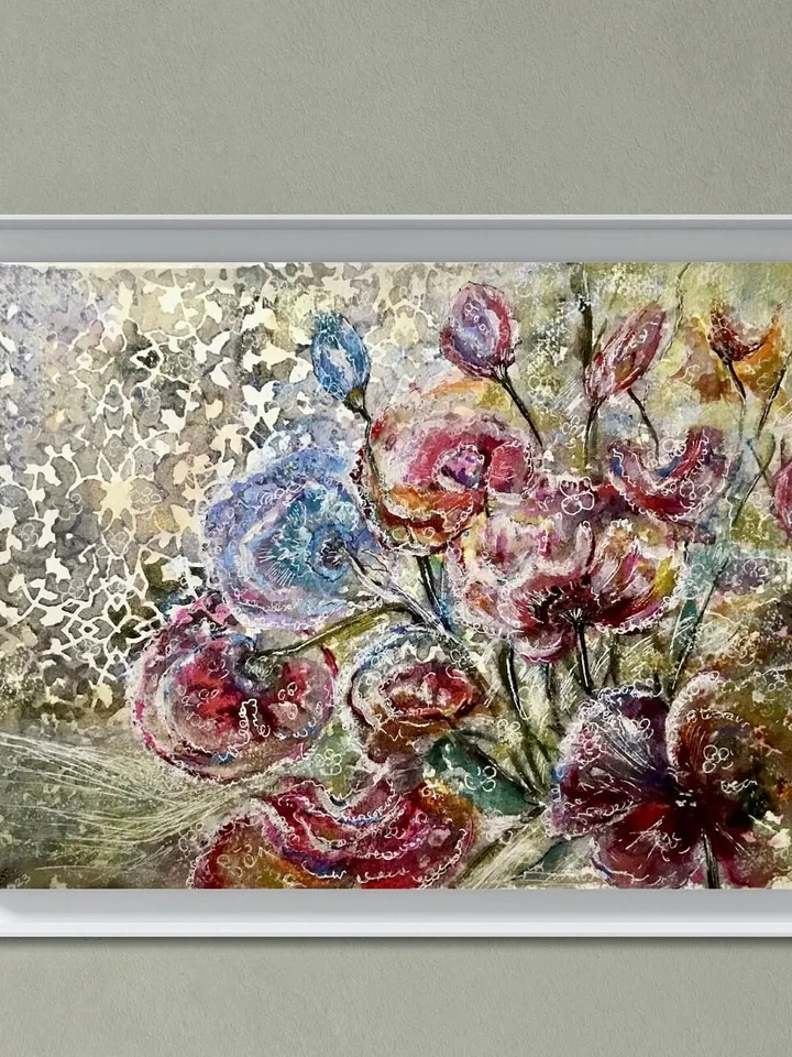 Fantasy abstract flowers,original mix media artwork,watercolor and acrylic painting on watercolor paper,modern floral decoration wall art.