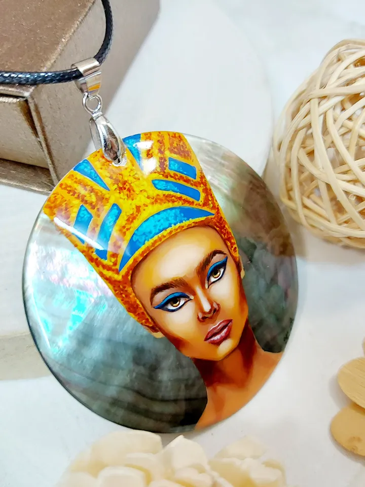 Pearl pendant necklace: Queen Nefertiti on handmade necklace, charming shell pendant painted in Fedoskino style, jewelry for evening dress