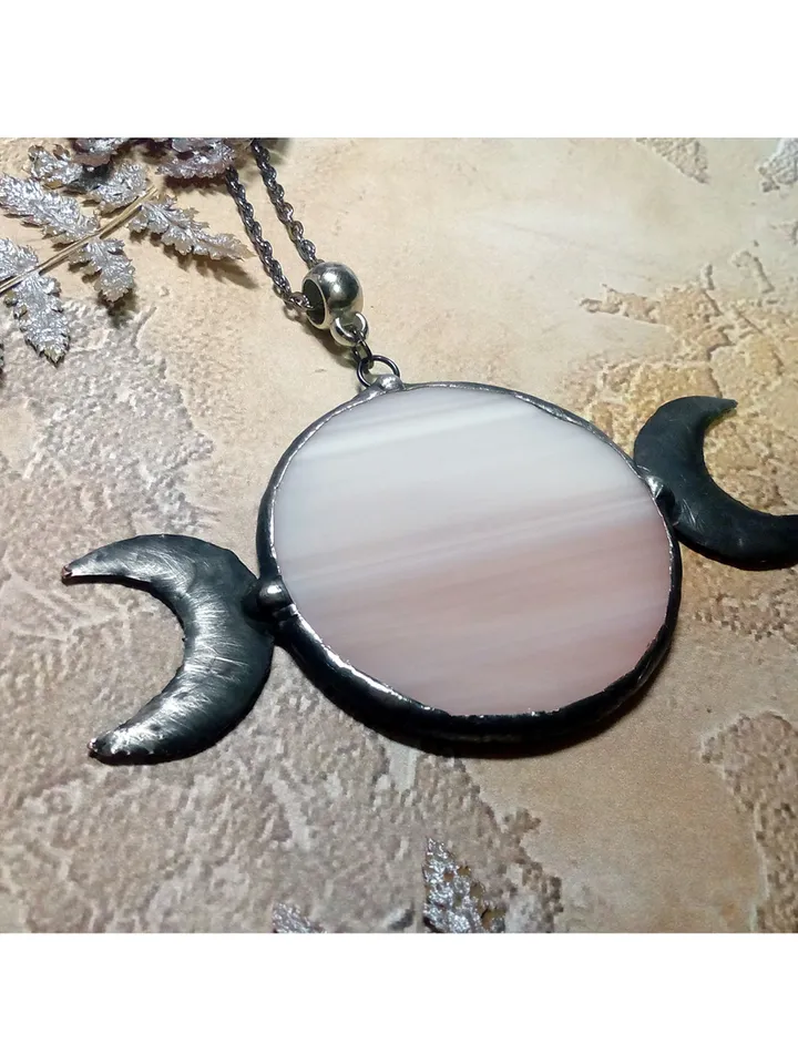 Hecate necklace, Moon Goddess, Stained glass moon, Moon phase necklace, Stainglass pink moon crescent, Full moon pendant