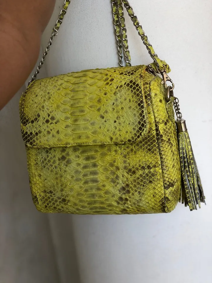 Genuine python skin crossbody chain yellow snake print tassel bag, summer bag elegant leather, snakeprint bag, convertable bag, yellow bag