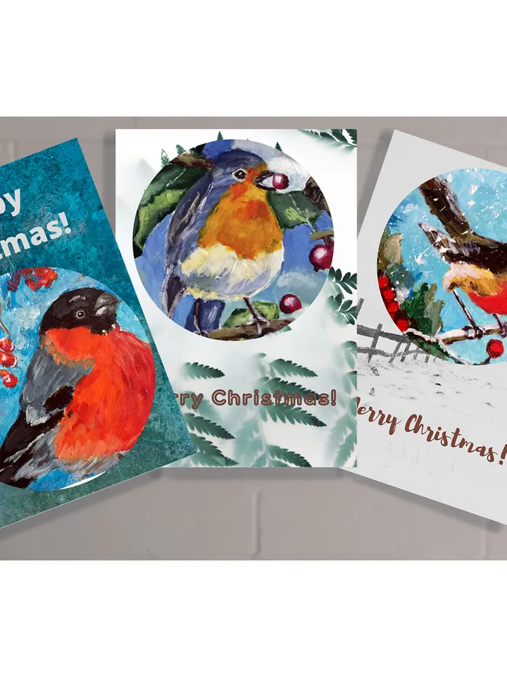 Christmas Cards with Birds Painting, Set of 5 Printable Holiday Cards, Digital greeting card, Printable Xmas cards