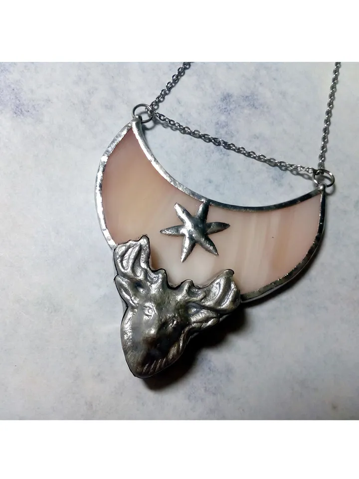 Deer antler jewelry, Deer head necklace, Yule jewelry, Christmas deer, Moon crescent deer, stag head pendant