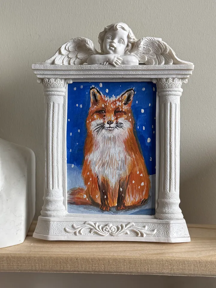 Fox Gouache Painting Original In Vintage Style Frame Small Framed Animals Wildlife Art