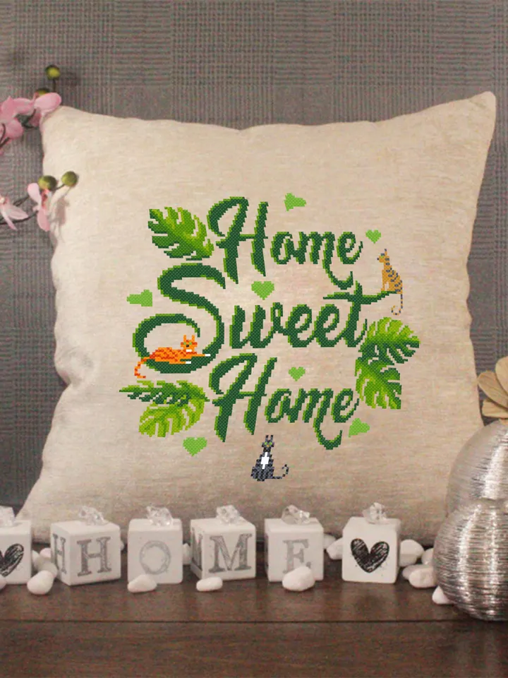 Home sweet home cross stitch pattern download PDF Cute cat cross stitch Monstera leaf xstitch chart Modern home decor Plant lover gift #Q23