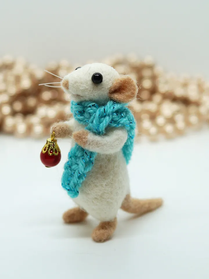 William the mouse, miniature needle felted mouse in a blue scarf, Christmas gift, made to order