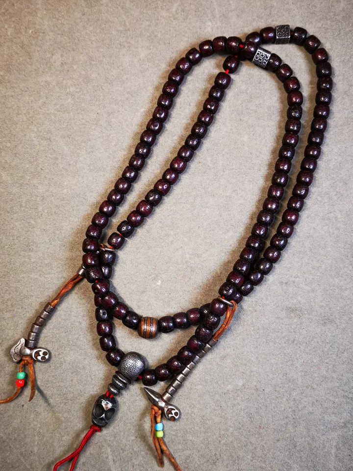 Gandhanra Handmade Antique 108 Lotus Beads Mala with Cold Iron Amulet Beads and Counters,Old Prayer Beads Necklace