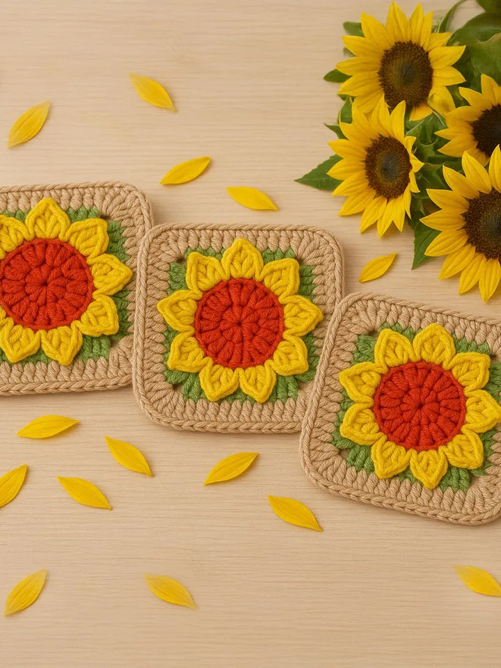 Sunflower Square Crochet Blanket Pattern - Perfect Housewarming or Mother's Day Gifts - Crochet Flower Coaster for Kitchen and Dining