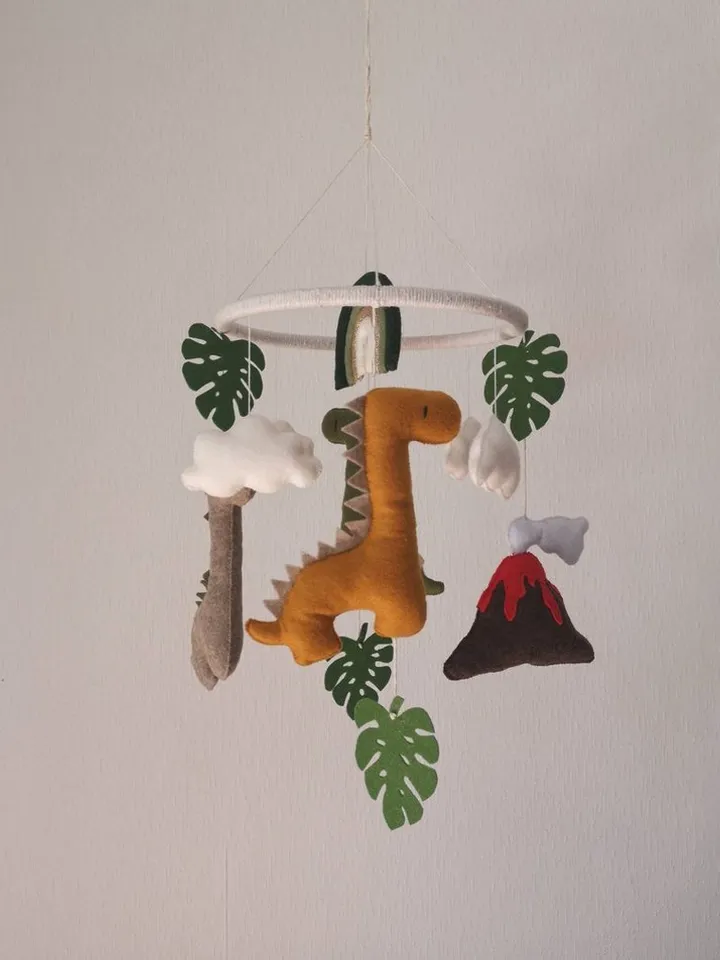 Dinosaur crib baby mobile with rainbow cloud star monstera. Baby shower gift ide
