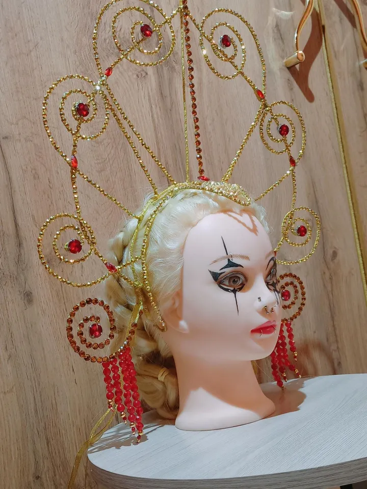 Golden Crystal Head,carnival crown,festival headdress,burlesque crown,golden headdress for girls from show, headdress for girls from cabaret