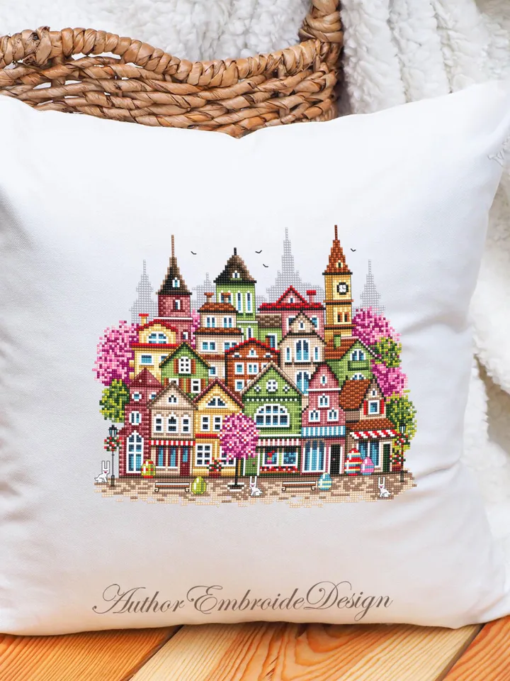 Spring houses cross stitch pattern PDF download Easter cross stitch, Spring city pattern digital, Urban landscape with cherry blossoms #E19