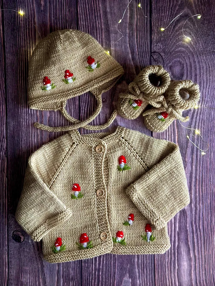 Mushroom Set of 3 PDF Knitting Patterns & Tutorials - Baby Cardigan, Hat and Booties - Beginner-Friendly - eng only