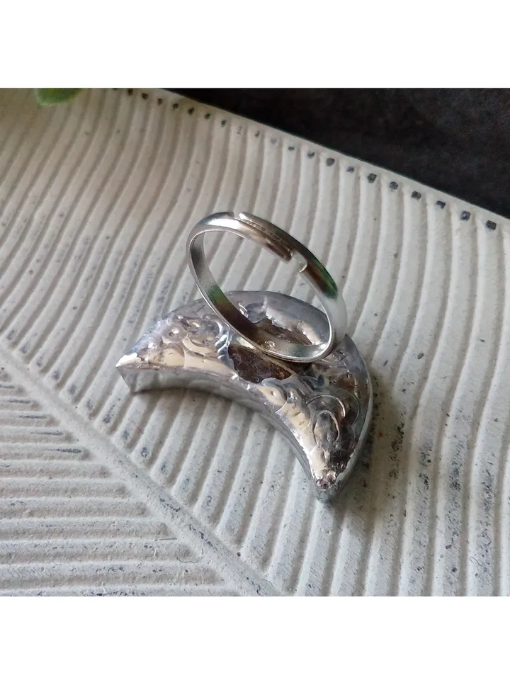 Mirror crescent ring, moon ring, soldered ring, stained glass ring, protection ring, Halloween ring, witchy aesthetic