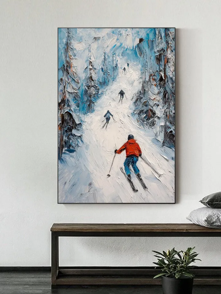 Skiing Painting, Winter Sports Art, Impasto Snow Landscape, Mountain Art, Downhill Skiing, Textured Wall Art, Original Painting,Office Decor