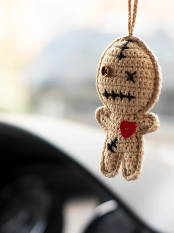 Voodoo Doll car hanging accessories, rear view mirror charm, creepy cute car pendant heart, crochet car decor for women