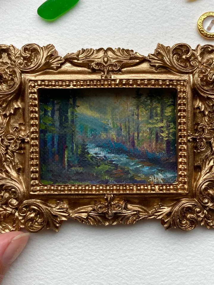 Small Landscape Painting Framed Original Enchanted Forest Painting Antique Misty Art Coastal Gold Frame Tiny Paintings 3 x 4 Art Dark Cottagecore artwork