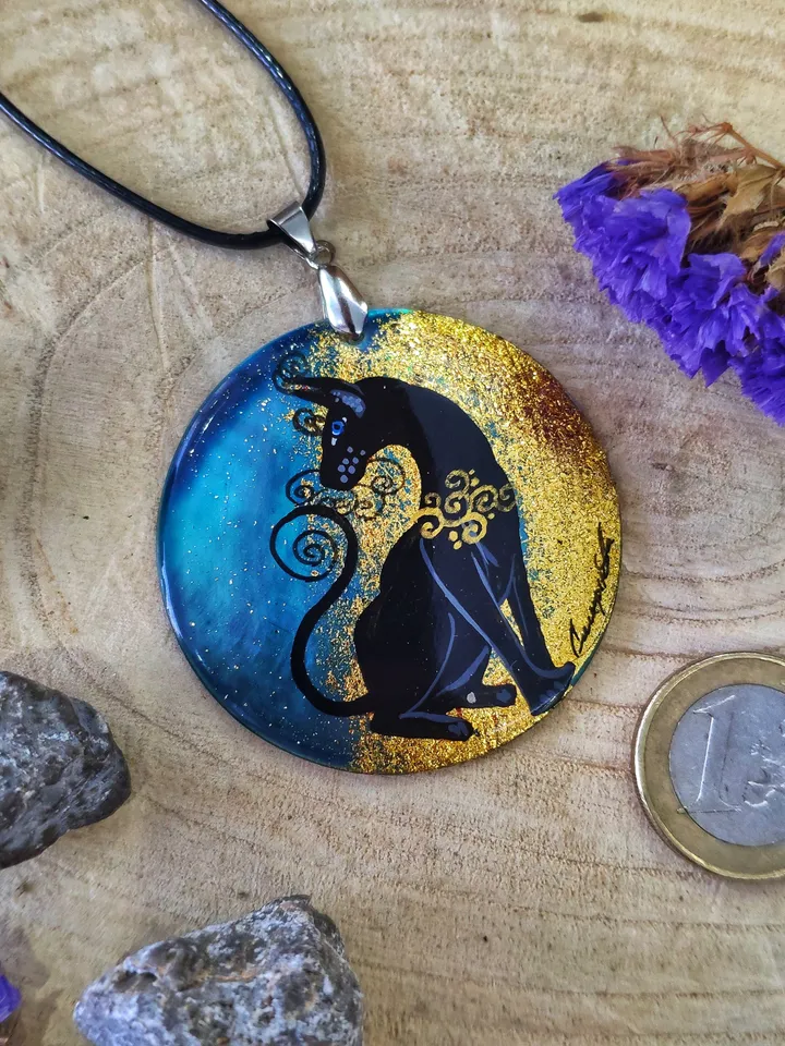 Pearl pendant necklace: Sphunx the black cat painted on handmade pendant • Aesthetic necklace for fall season • graceful cat lover gift