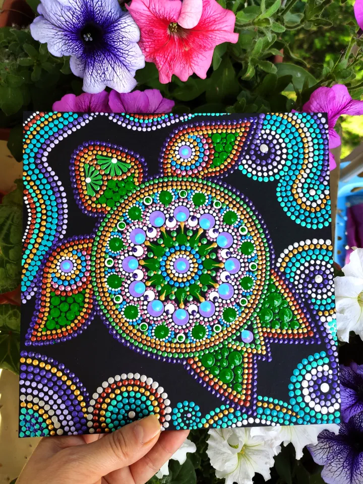 Sea Turtle Dot Art Original Painting Acrylic Dotted Art 20 by 20 cm / 8 by 8 ''