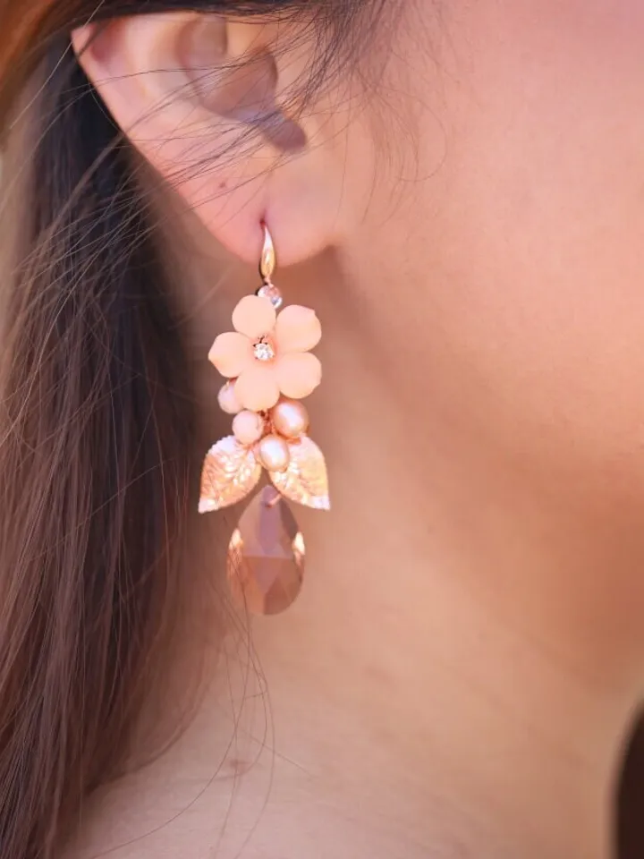 Freshwater Pearl Boho Wedding Earrings, Floral Bridal Earrings, Swarovski Crystal Statement Leaf Rose Gold Wedding Jewelry, Gift For Her,